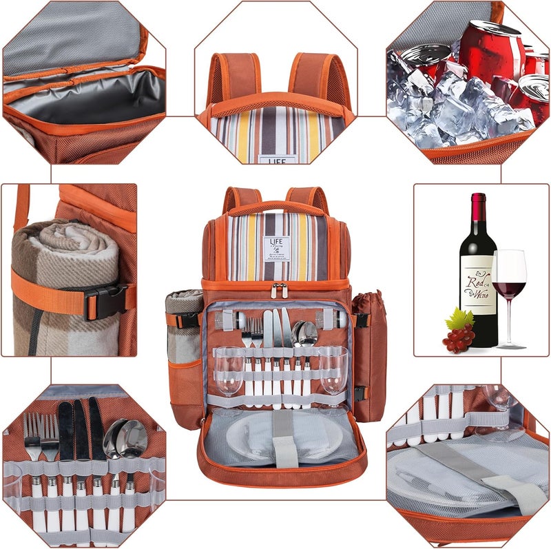 ITHWIU Picnic Backpack for 2 Person with 2 Insulated Leakproof Cooler Compartment, 2 Cutlery Sets, Wine Holder, Fleece Blanket, Perfect for Beach, Camping, Hiking, Brown - Image 5